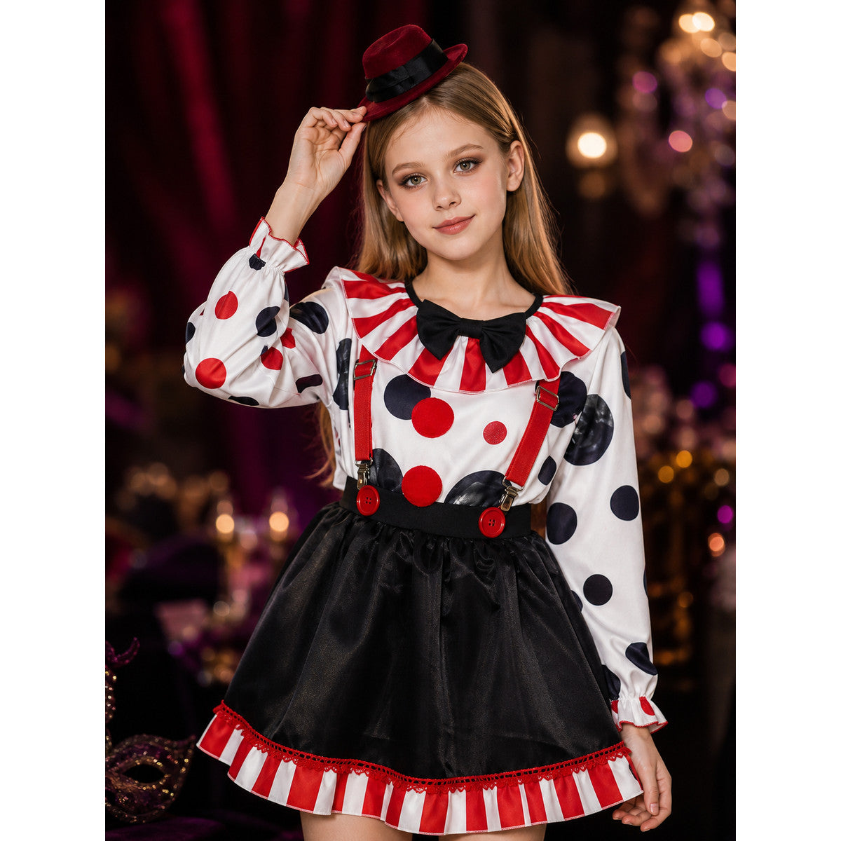 Clown Costume Set with Polka Dot Top, Striped Tutu, Hat & Suspenders on-model view