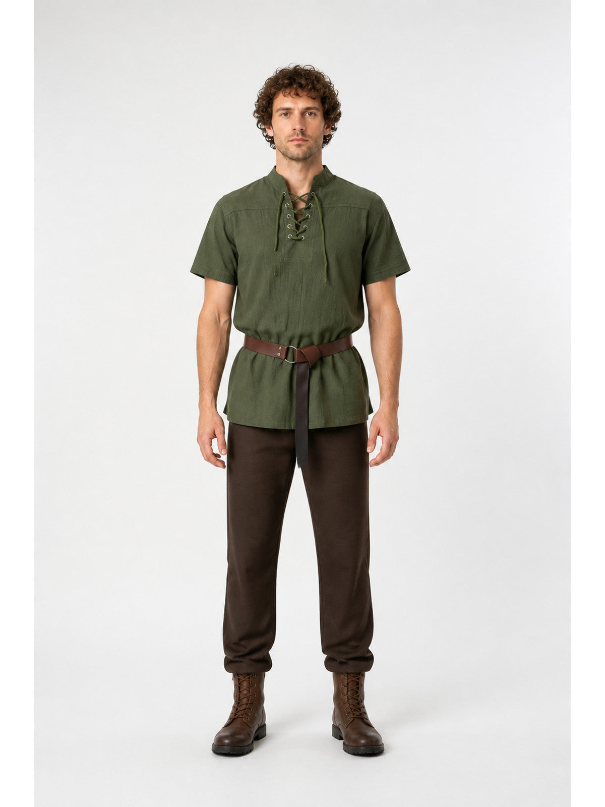 Khaki Loose Tunic with Ties, Stand Collar, and Short Sleeves main product view