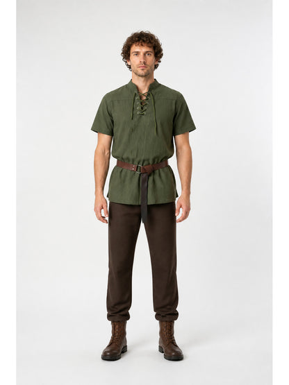 Khaki Loose Tunic with Ties, Stand Collar, and Short Sleeves main product view
