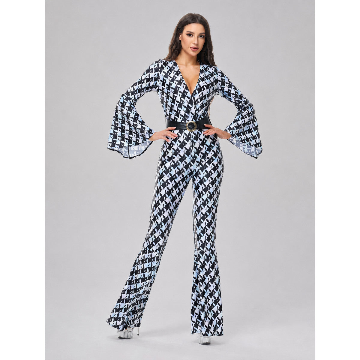 Retro Flared Jumpsuit with Geometric Print