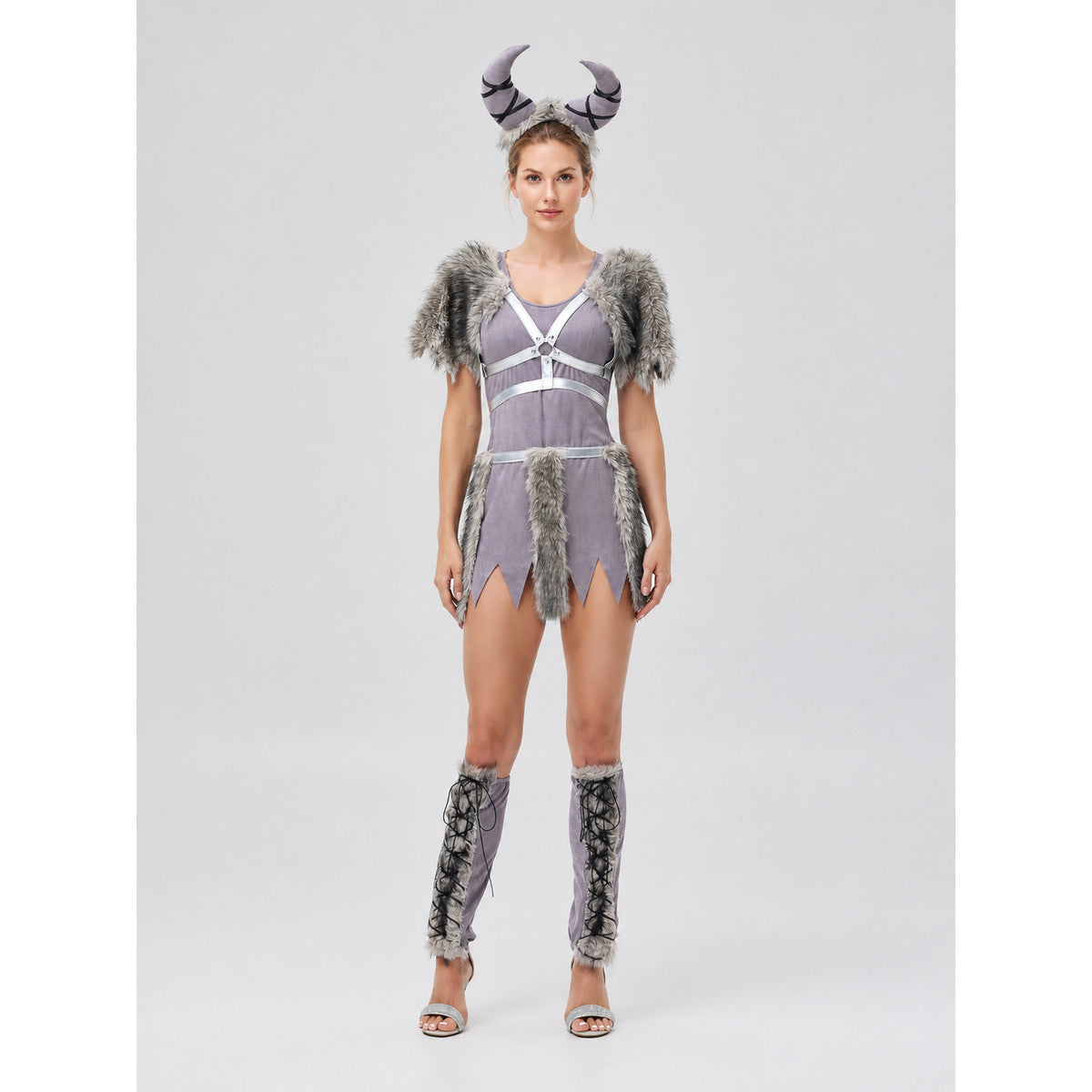 Halloween Viking Costume with Horns and Fur on-model view