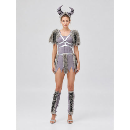 Halloween Viking Costume with Horns and Fur on-model view