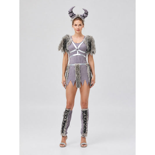 Halloween Viking Costume with Horns and Fur on-model view