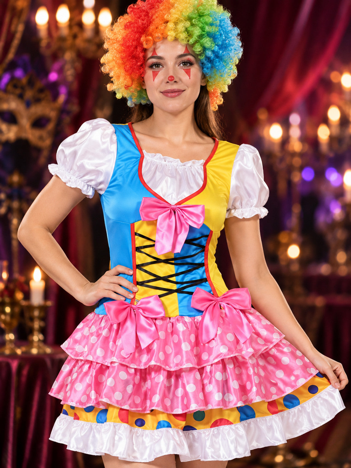 Adult Clown Costume Made of Satin with a Full Skirt and Bows