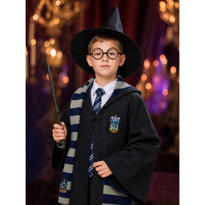 Black Wizard Robe Costume Set with Hat, Glasses, Wand, Scarf, Shirt and Tie on-model view