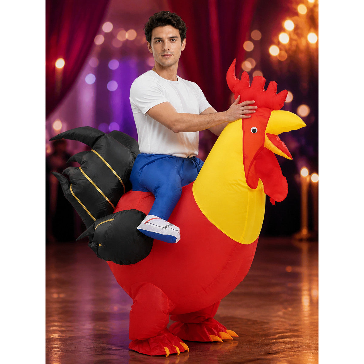 Adult Inflatable Rooster Costume, Red Bird Halloween Outfit on-model view