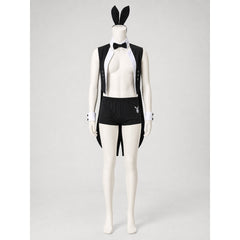 Men's Black and White Bunny Costume Set with Ears, Bow Tie, Tailcoat Vest, Shorts, Cuffs and Tail