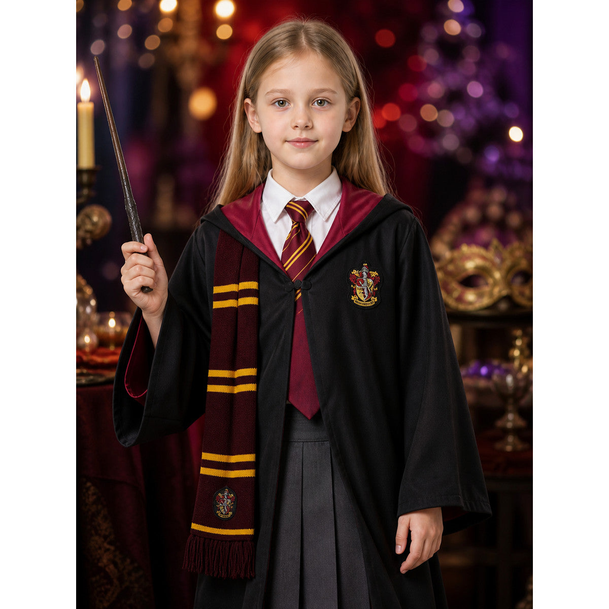 Women's Wizard School Costume Set with Hooded Robe, Wand, Tie, Scarf, Skirt and on-model view