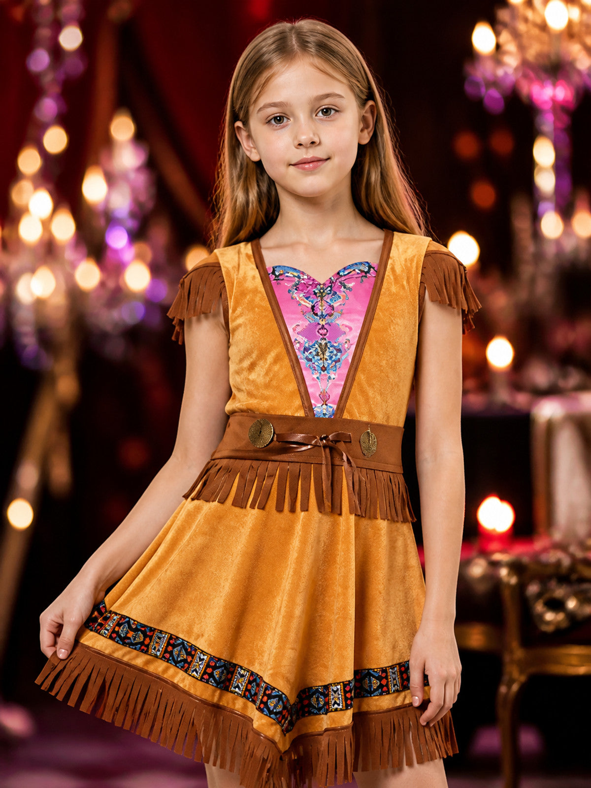 Halloween Native American Costume Dress with Fringe on-model view