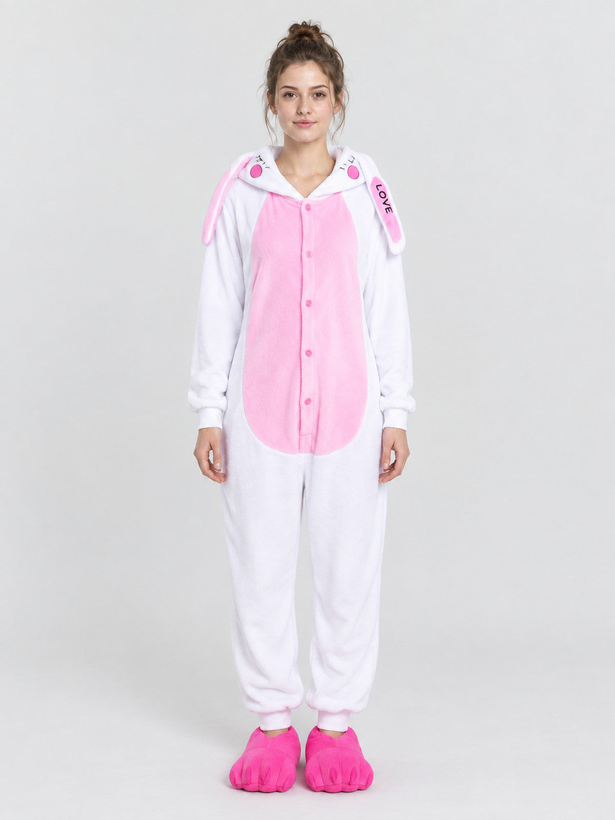 White and Pink Hooded Pajama Jumpsuit with Ears