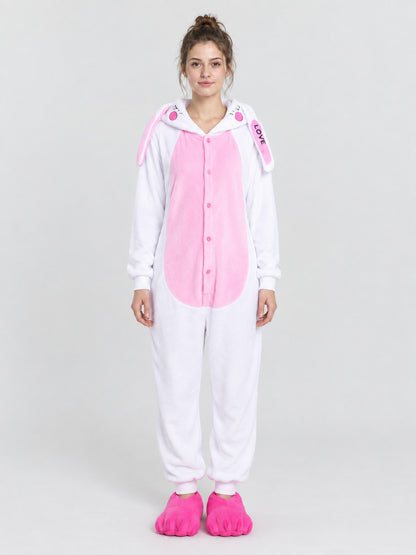 White and Pink Hooded Pajama Jumpsuit with Ears