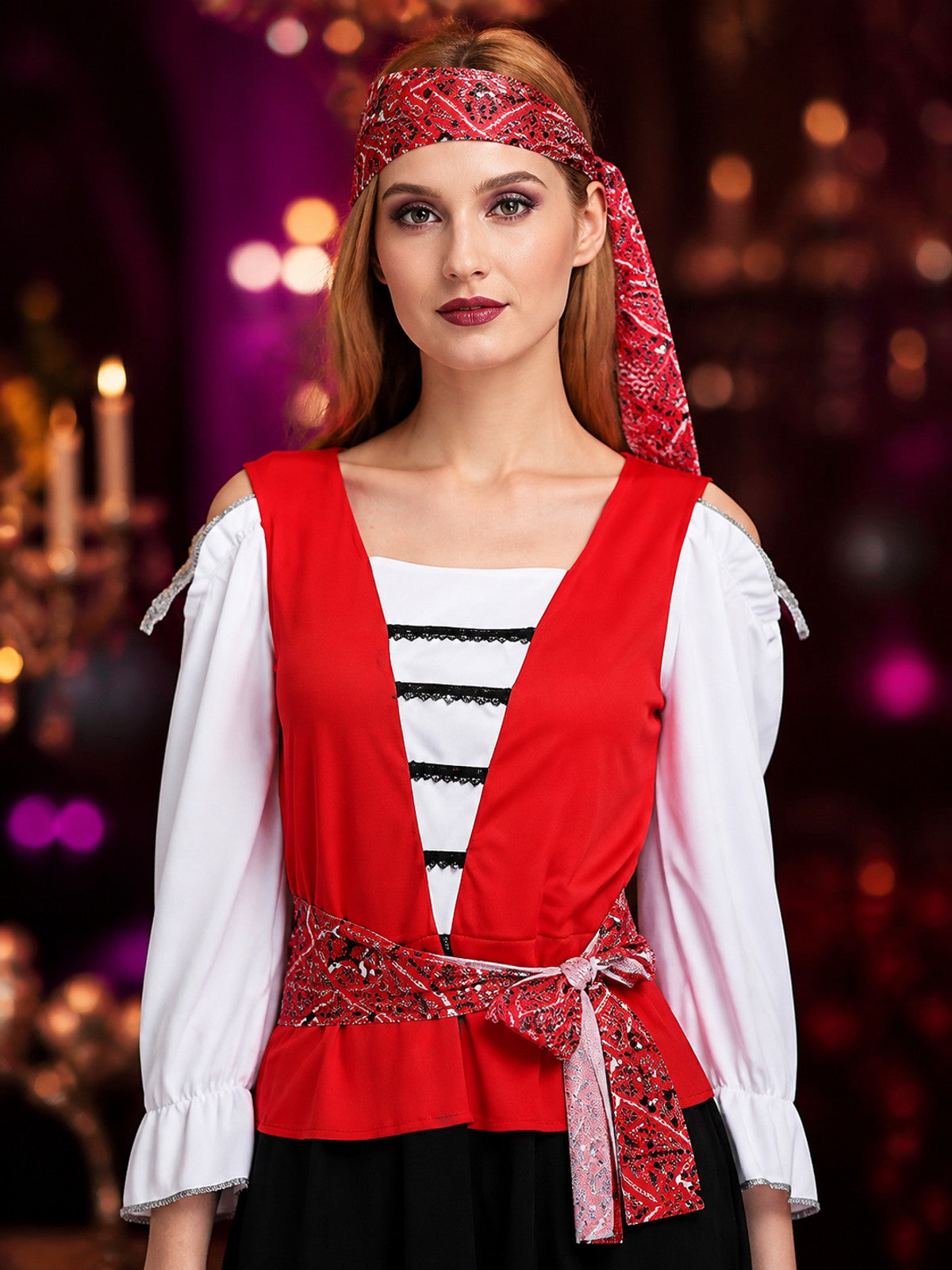 Halloween Pirate Costume Dress Set with Headscarf and Belt, Long Sleeve, Red on-model view