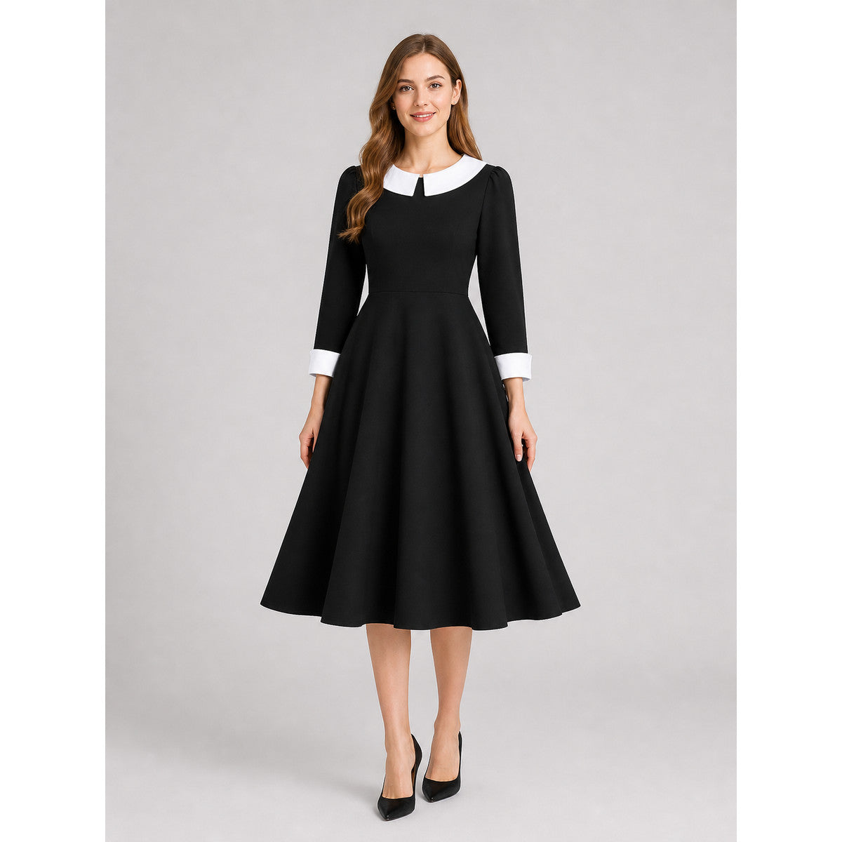 Black Wednesday-style dress with a white collar on-model view