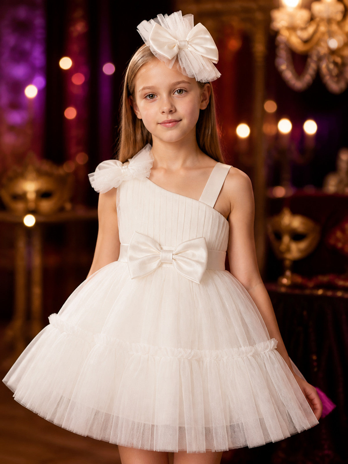 Girls' White Princess Dress Set, One-Shoulder Bow Tulle Party Outfit With on-model view