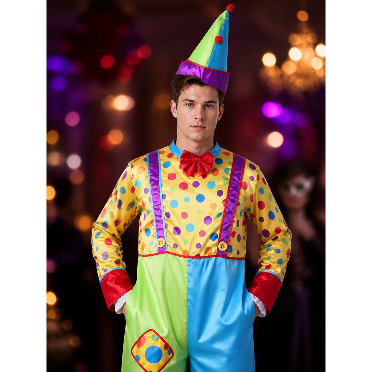 Adult Unisex Clown Jumpsuit Costume, Colorful Dot Print Bodysuit with Matching on-model view