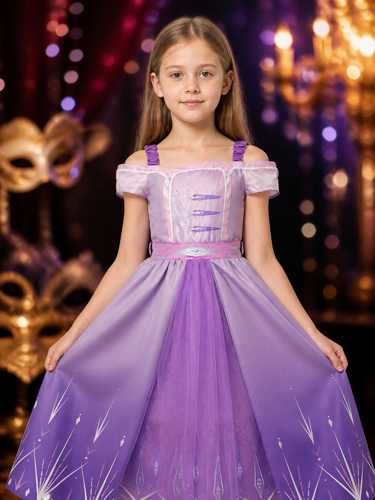Girls Princess Fairy Tale Costume Dress, Purple Pink Tulle with Star Pattern on-model view