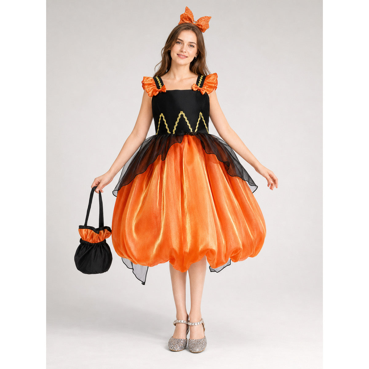 Girls' Halloween Pumpkin Dress with Headband and Purse on-model view
