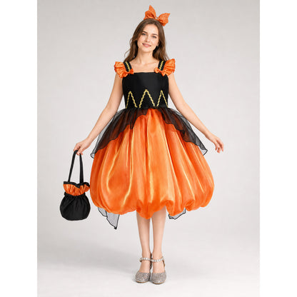 Girls' Halloween Pumpkin Dress with Headband and Purse on-model view