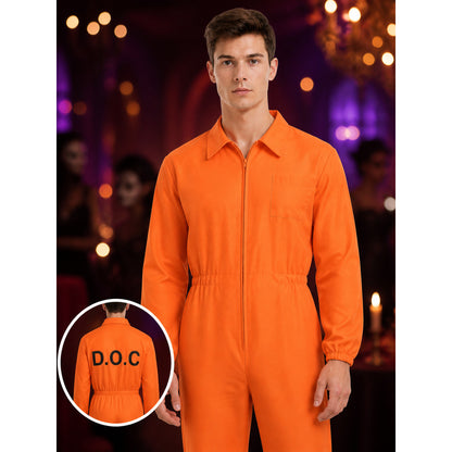 Prisoner Jumpsuit Costume for Adults, Orange DOC Print Long Sleeve Jail Outfit on-model view