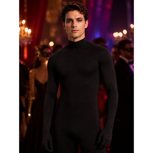 Men's Black Invisible Man Full Body Bodysuit Costume, Hooded Halloween Outfit on-model view
