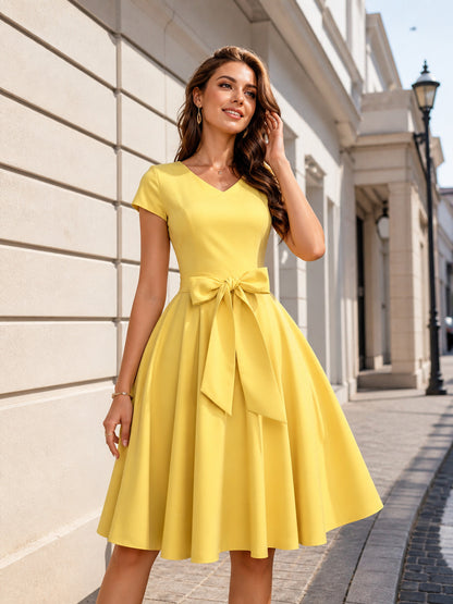 Yellow Dress with V-Neck, Short Sleeves, and Bow main product view