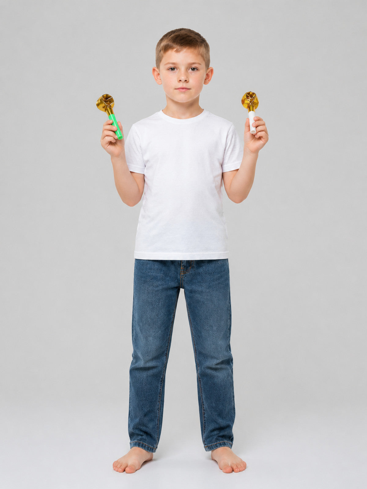 Party blowout noisemakers, 2 pcs., white and green on-model view