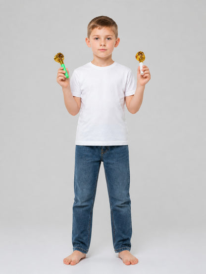 Party blowout noisemakers, 2 pcs., white and green on-model view