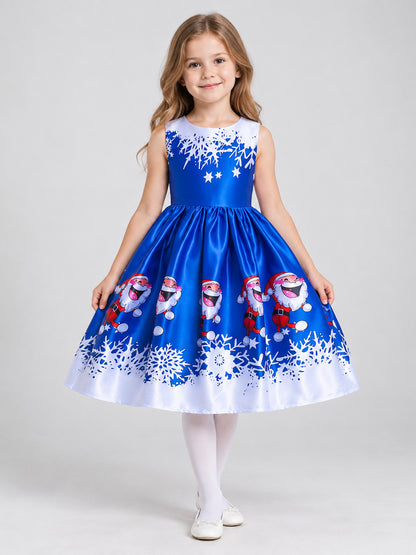 Blue Girls' Holiday Dress with Christmas Print on-model view