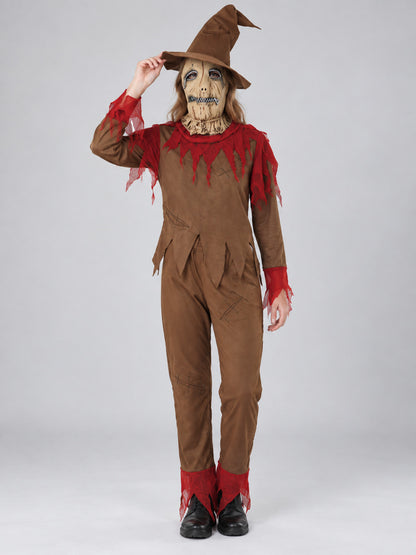 Scarecrow Costume with Mask, Hat, and Red Inserts
