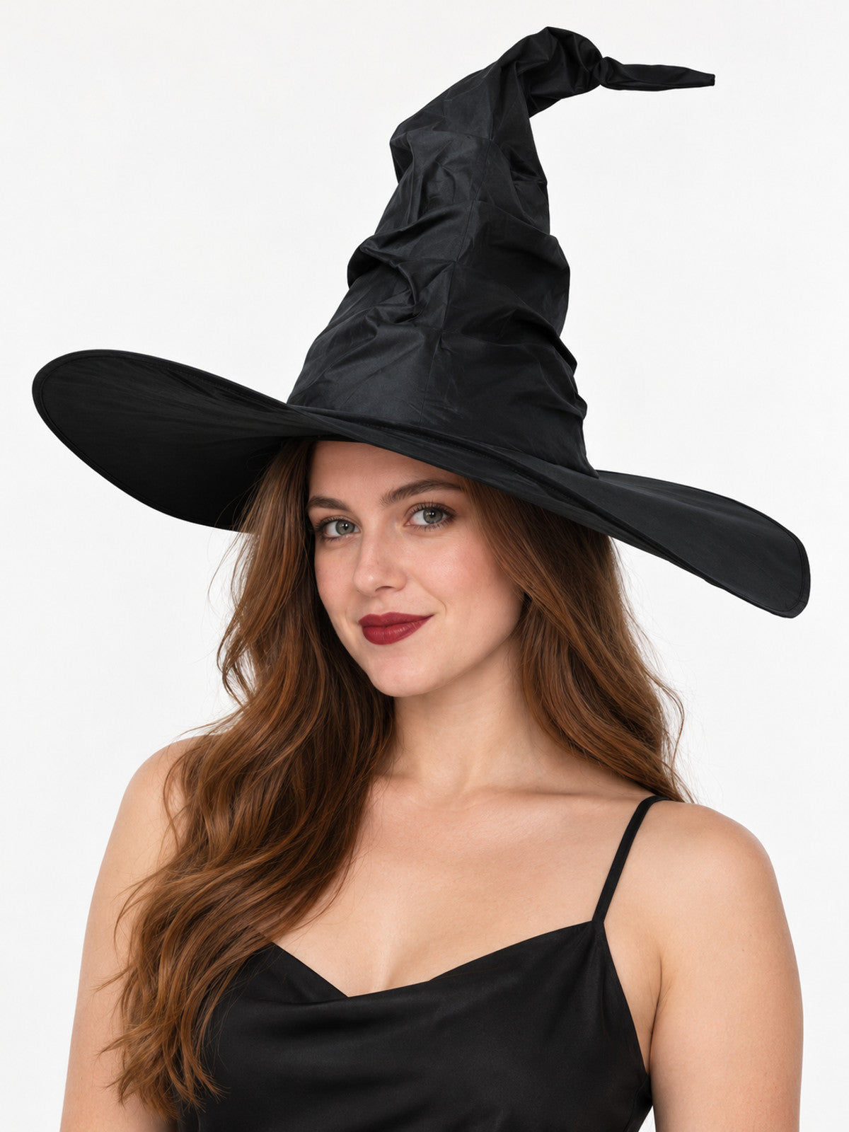 Black Witch Hat with Wide Brim and Curved Tip