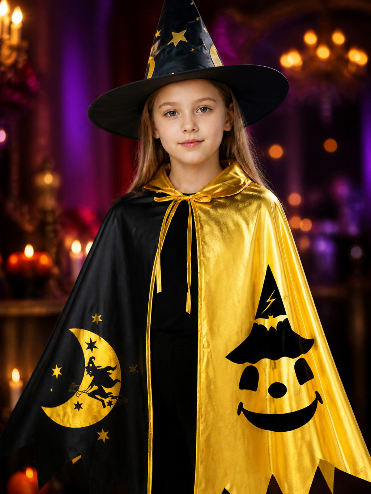 Kids Black and Gold Witch Costume Set with Cape and Pointed Hat, Moon, Bat and on-model view
