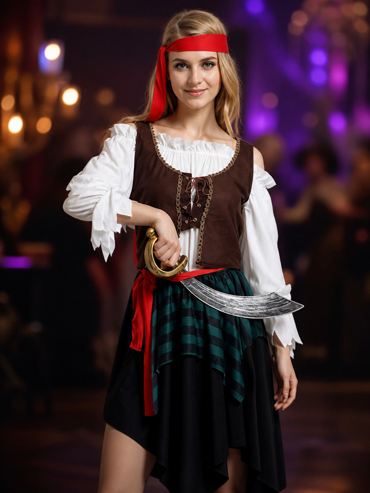 Adult Pirate Costume Set with Layered Skirt, Vest, Headband and Belt on-model view