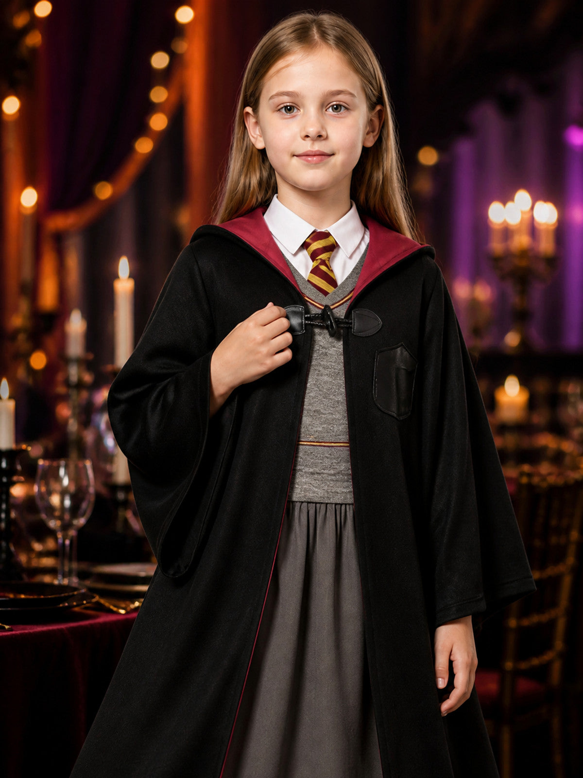 Children's Wizard Costume Set, Hooded Robe, Vest And Pleated Skirt on-model view