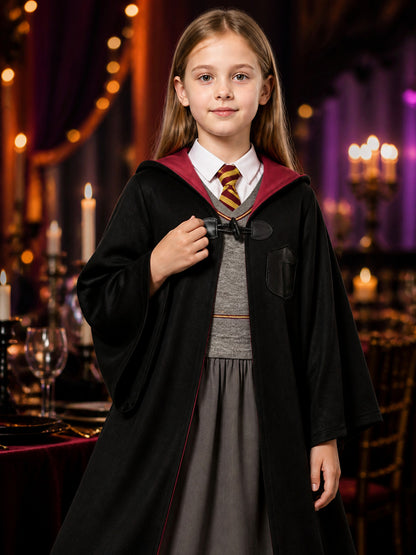 Children's Wizard Costume Set, Hooded Robe, Vest And Pleated Skirt on-model view