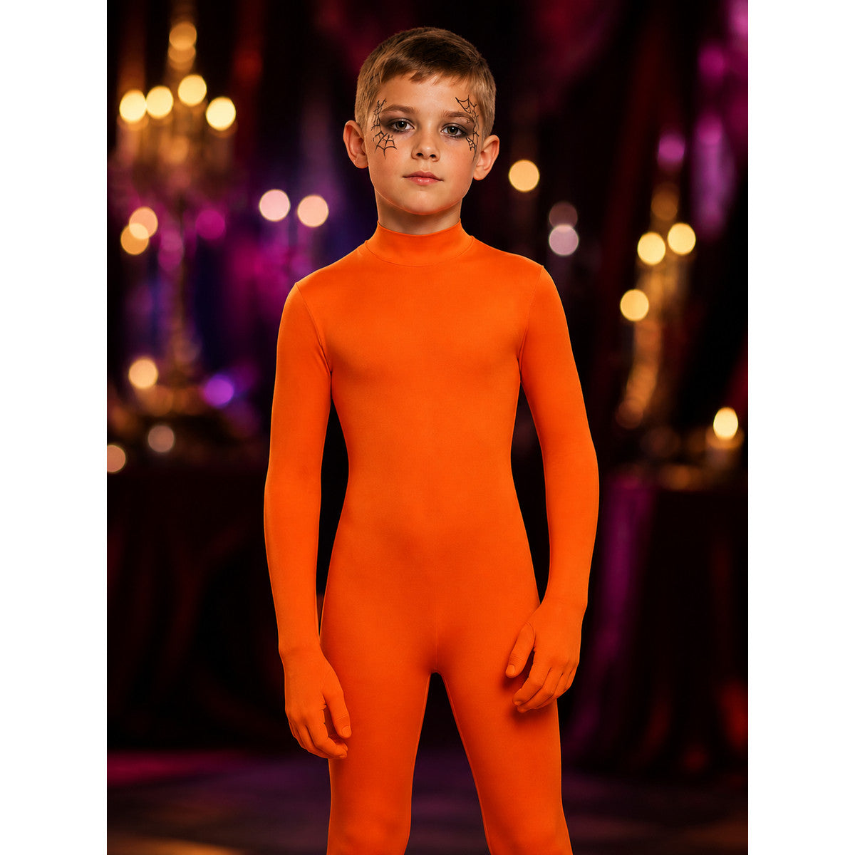 Unisex Invisible Man Bodysuit Costume, Orange Full-Body Halloween Outfit on-model view