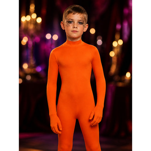 Unisex Invisible Man Bodysuit Costume, Orange Full-Body Halloween Outfit on-model view