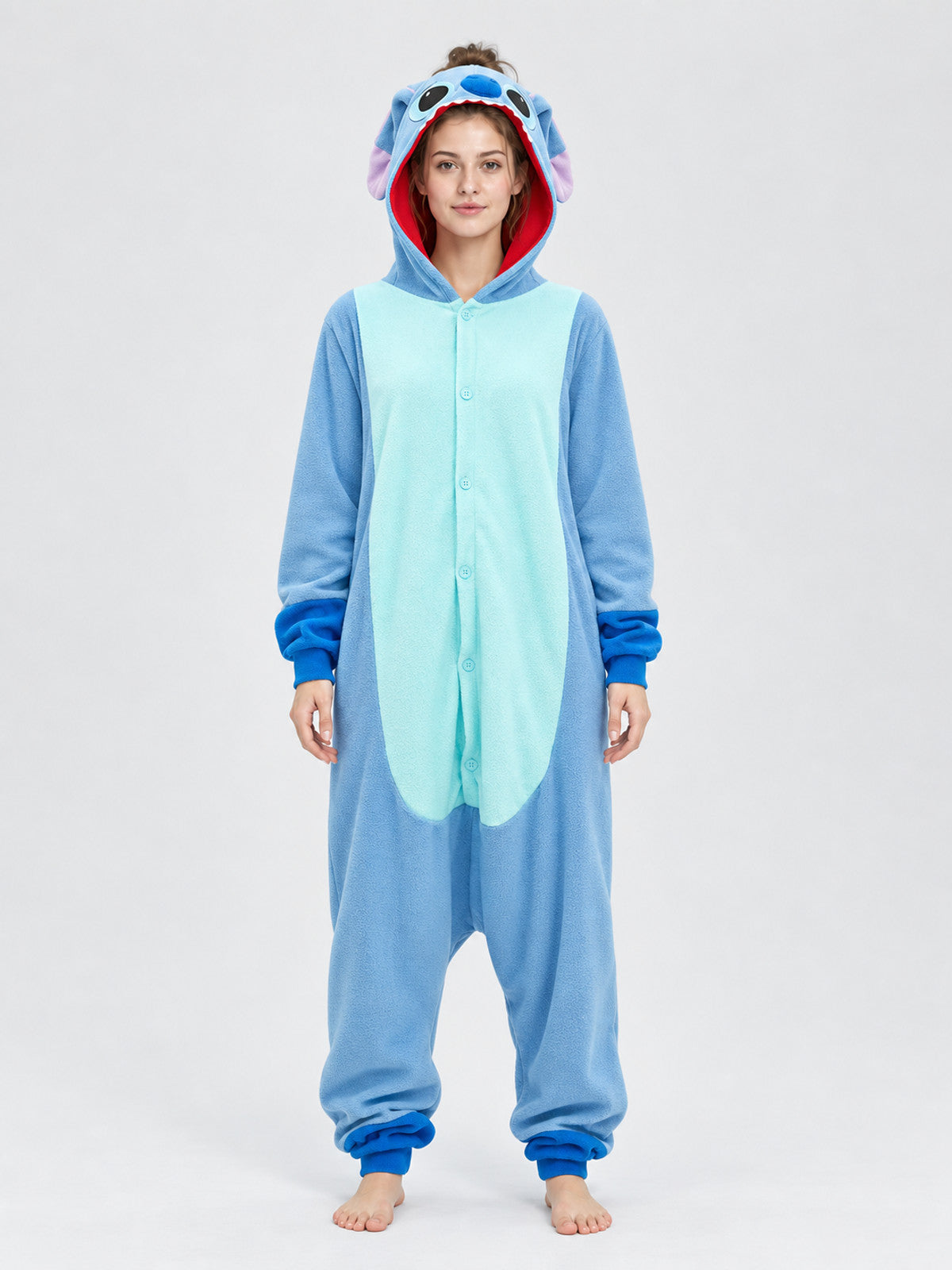 Fleece jumpsuit pajama with hood, face, and ears