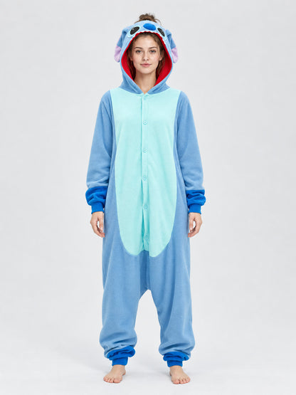 Fleece jumpsuit pajama with hood, face, and ears