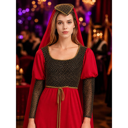 Red Princess Costume Dress with Headpiece, Mesh and Gold Trim for Halloween on-model view