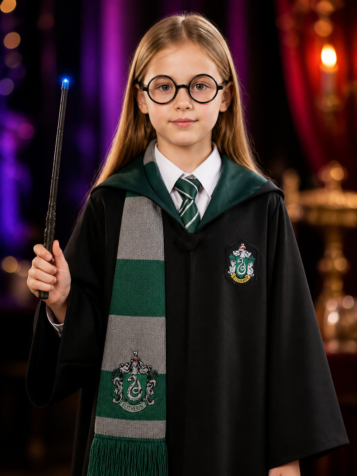 Wizard Cosplay Costume Set with Hooded Robe, Striped Scarf, Tie, Glasses & Wand on-model view