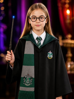 Wizard Cosplay Costume Set with Hooded Robe, Striped Scarf, Tie, Glasses & Wand