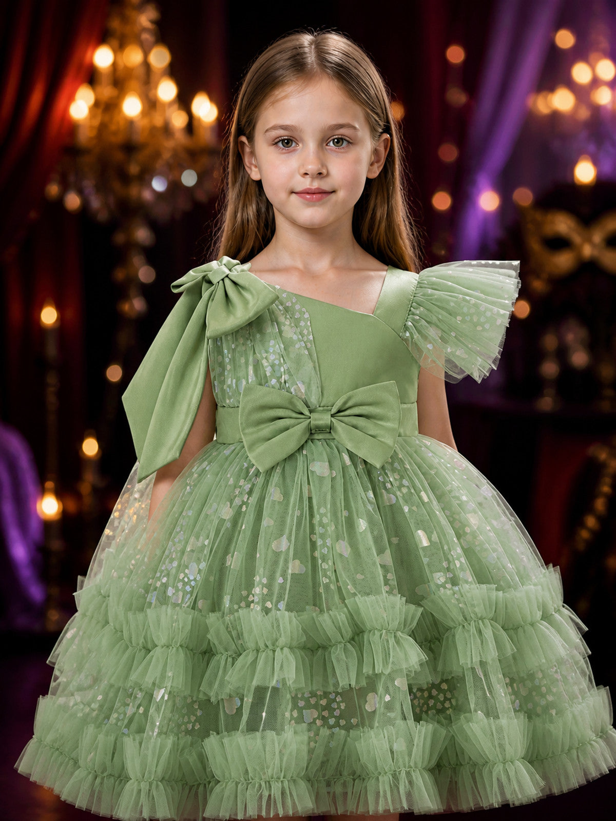 Toddler Girls' Princess Dress, Sparkly Tulle Ruffle Gown With Bow Details on-model view