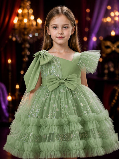 Toddler Girls' Princess Dress, Sparkly Tulle Ruffle Gown With Bow Details on-model view