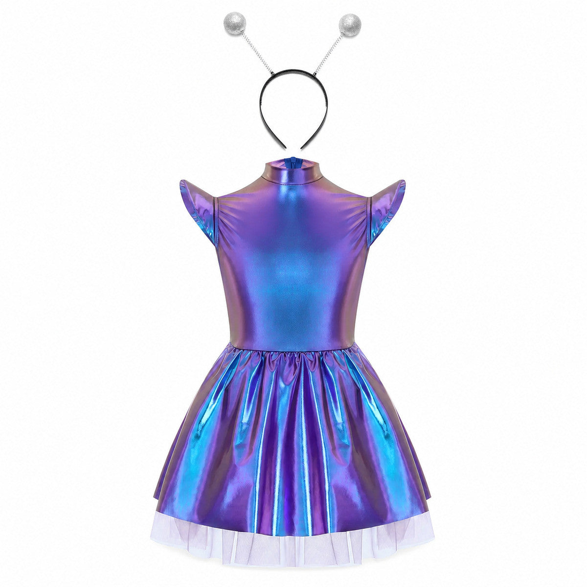 Children Girls Shiny Halloween Alien Cosplay Fancy Costume Space Robot Astronaut Galaxy Warrior Dress Up Leotards Tutu Dress - Color:Colorful Silver A