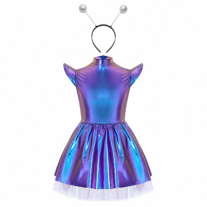 Children Girls Shiny Halloween Alien Cosplay Fancy Costume Space Robot Astronaut Galaxy Warrior Dress Up Leotards Tutu Dress - Color:Colorful Silver A