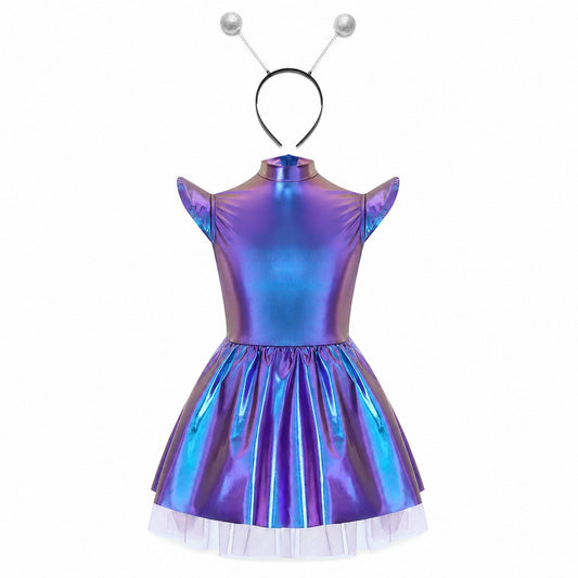 Children Girls Shiny Halloween Alien Cosplay Fancy Costume Space Robot Astronaut Galaxy Warrior Dress Up Leotards Tutu Dress - Color:Colorful Silver A