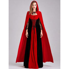 Women's Red and Black Vampire Costume Dress with Hooded Cape for Halloween