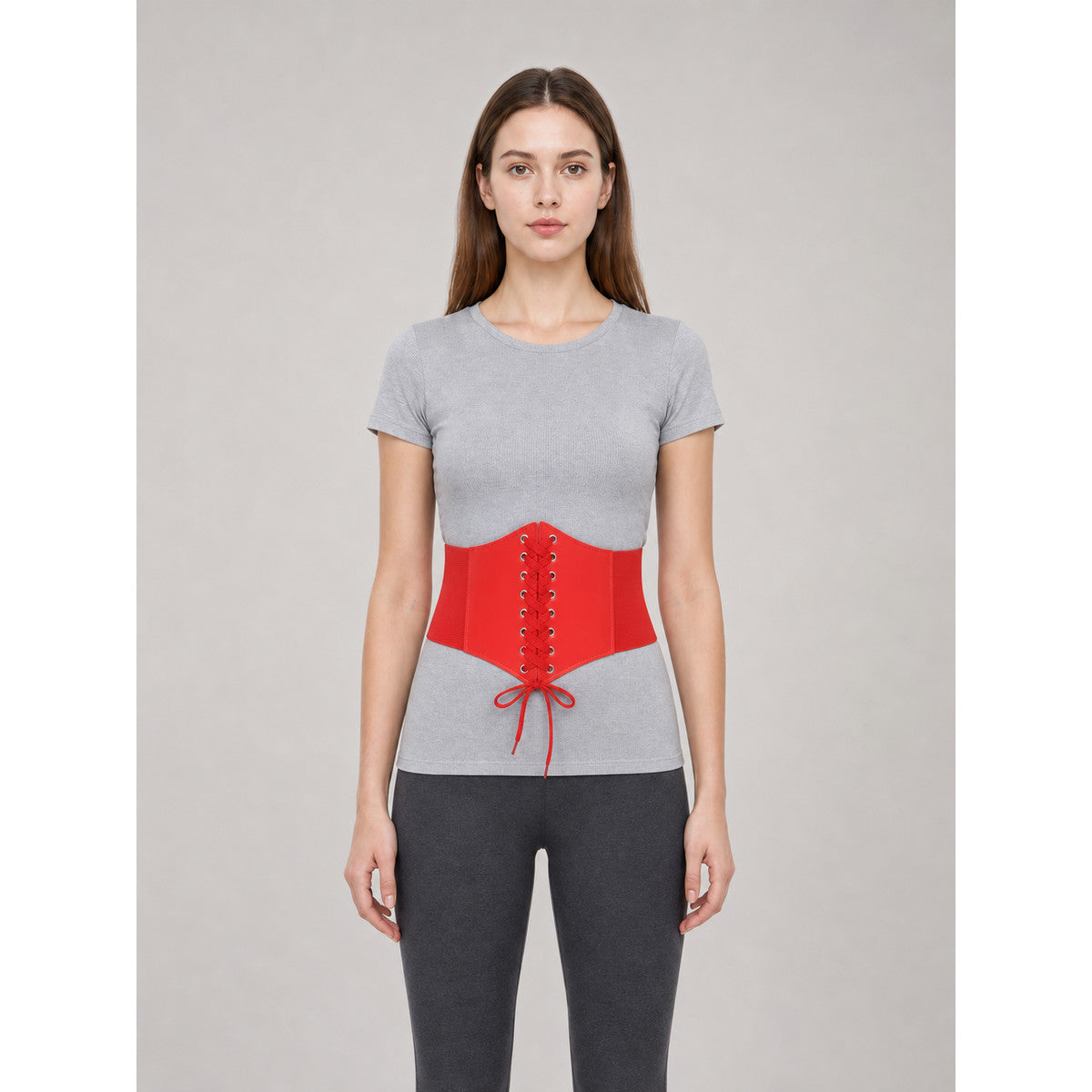 Red Lace-Up Corset Belt for Dresses and Outfits front view