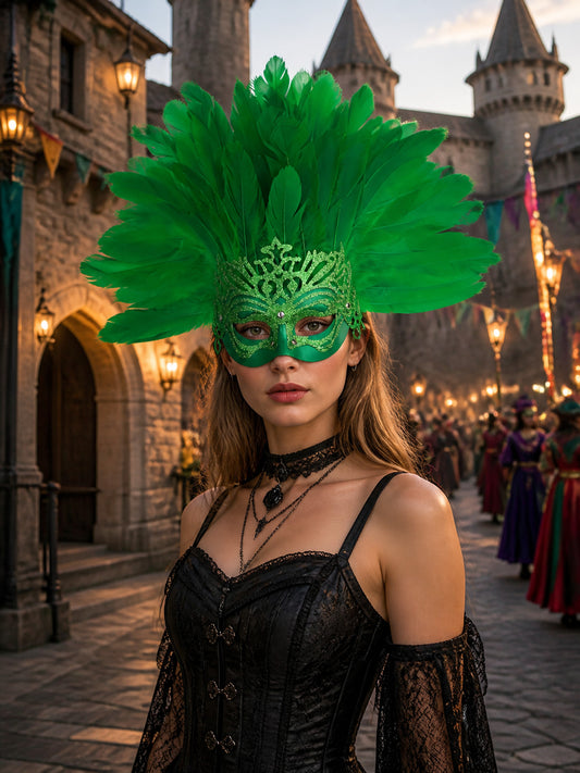 1pc Green Feather Mask, Large Feather Fan Shape, Cutout Eye Design, Elegant