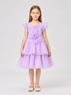 Girls' Light Purple Princess Dress – Tiered Tulle Party Dress with 3D Flower & Back Bow